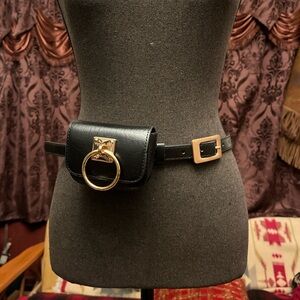 Black vegan Leather crossbody goth punk belt bag with gold o ring and accents